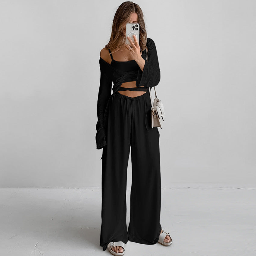Suspender Top Trousers Long Sleeve Three Piece Set Comfortable Pajamas Autumn Knit Casual Homewear Bella Mia