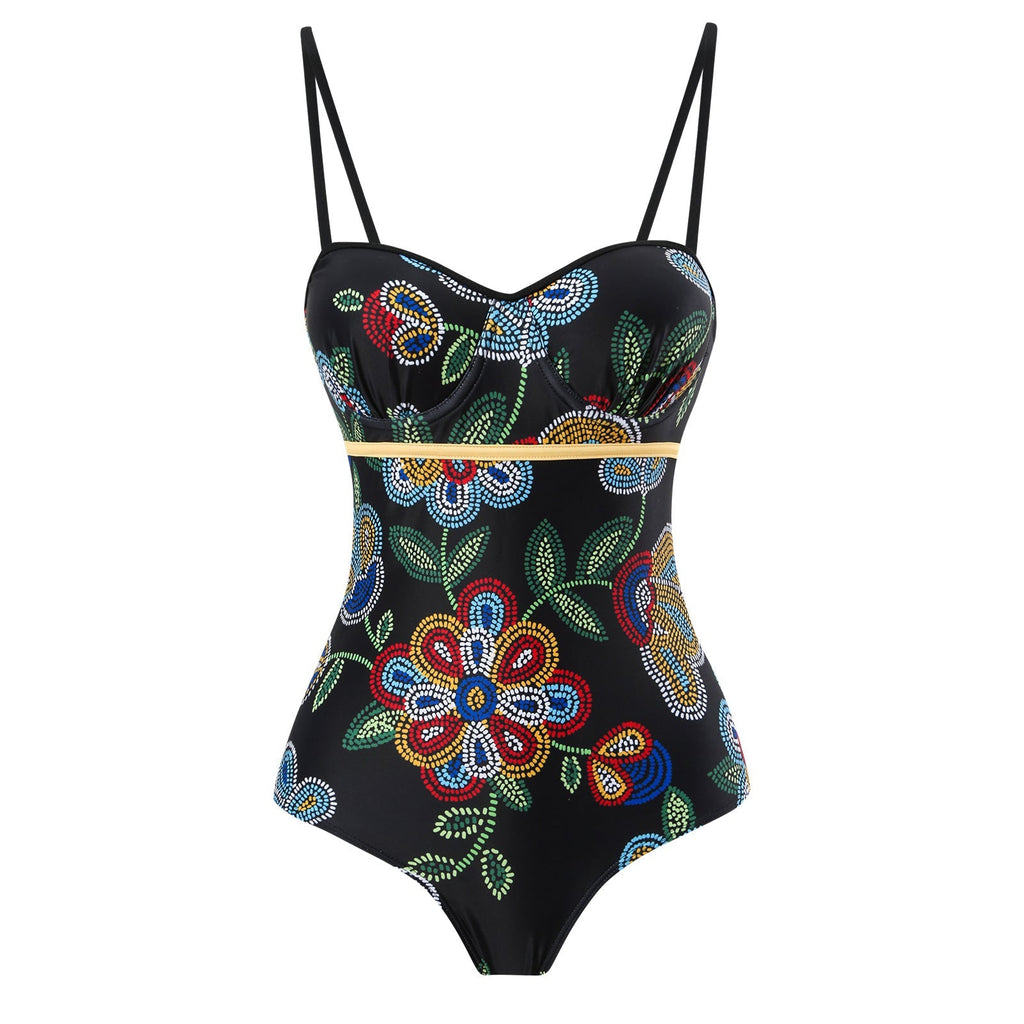 One Piece Swimsuit Women Skinny Slimming Vintage Printed Chiffon Dress with Steel Bracket Hard Bag Swimsuit Bella Mia