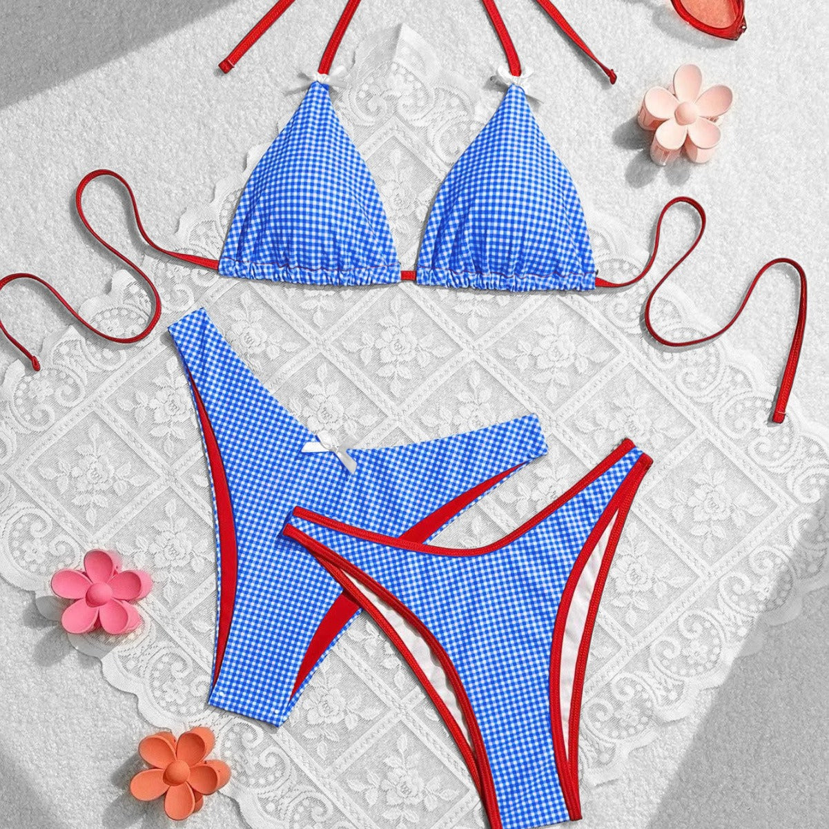 Summer Sweet Bow Floral Plaid Women Split Vacation Swimsuit Bikini Bella Mia