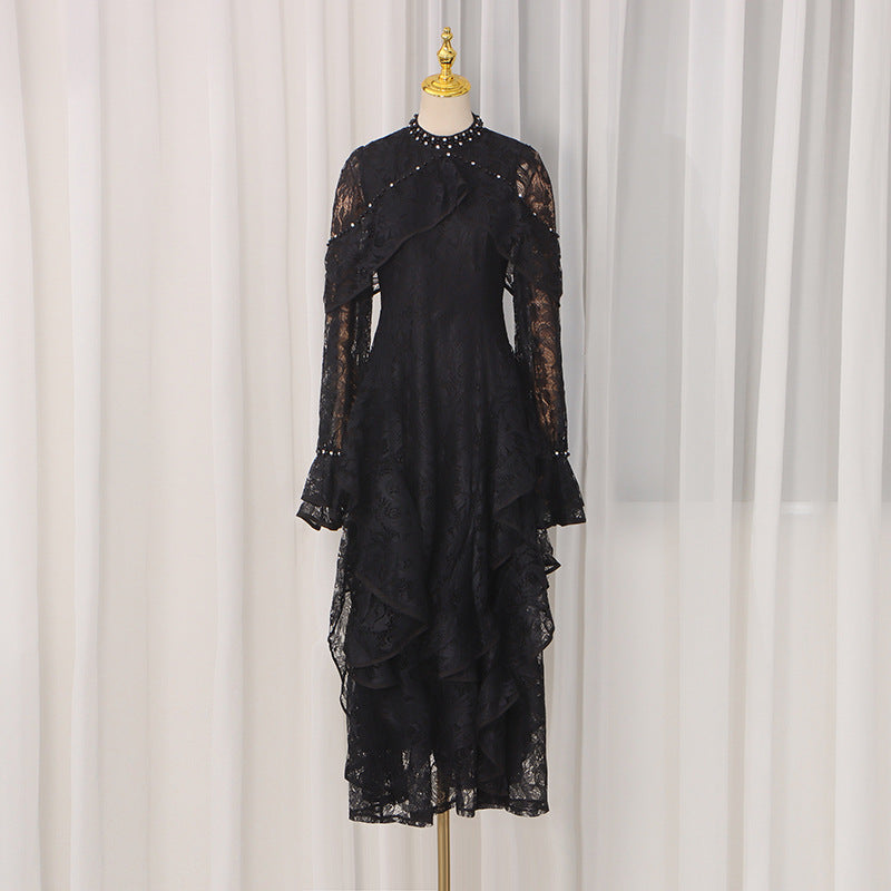 Summer Elegant Retro Cocktail Beaded Lace Bell Sleeve Dress Women