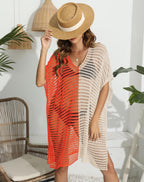 Women Dress Clothing Color Contrast Patchwork Deep V Plunge neck Hollow Out Cutout out Woven Shirt Beach Beach Cover Up Bella Mia