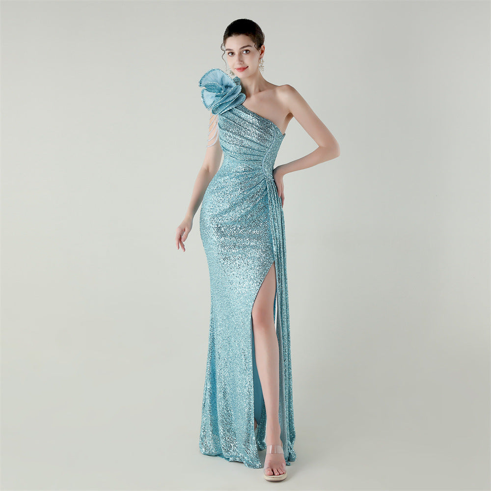 Craft Floral Beaded One Shoulder Diagonal Collar Fishtail Evening Dress Dinner Wedding Awards Ceremony Social Dress Bella Mia