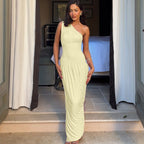 Women Wear Summer Sexy Pleated Stitching Solid Color Shoulder Dress Women Bella Mia