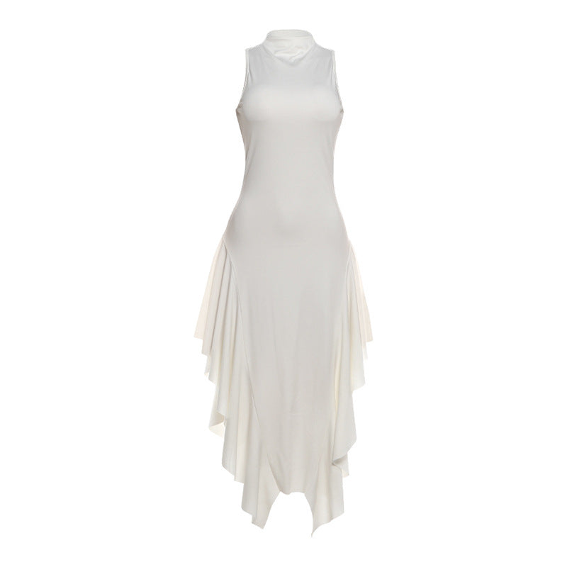 Summer Women Elegant Slim Stand Collar Irregular Asymmetric Skirt Socialite Dress