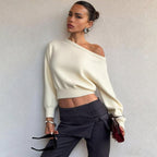 Women Clothing Summer Simple Elegant Slim Fit Sexy Cropped Diagonal Collar Long Sleeve Top Bella Mia