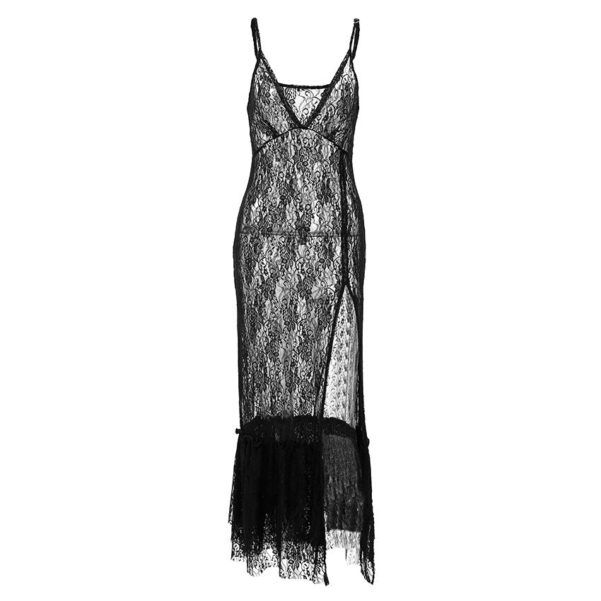 Sexy Black Brocade Lace Strap Maxi Dress Stitching Hollow Out Cutout out See through Dress Bella Mia