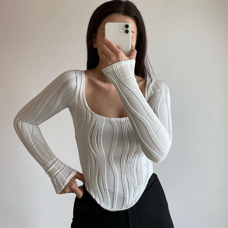 Summer French Design Pleated U Collar Simple Solid Color Slim Fit Long Sleeves Top Women Bella Mia