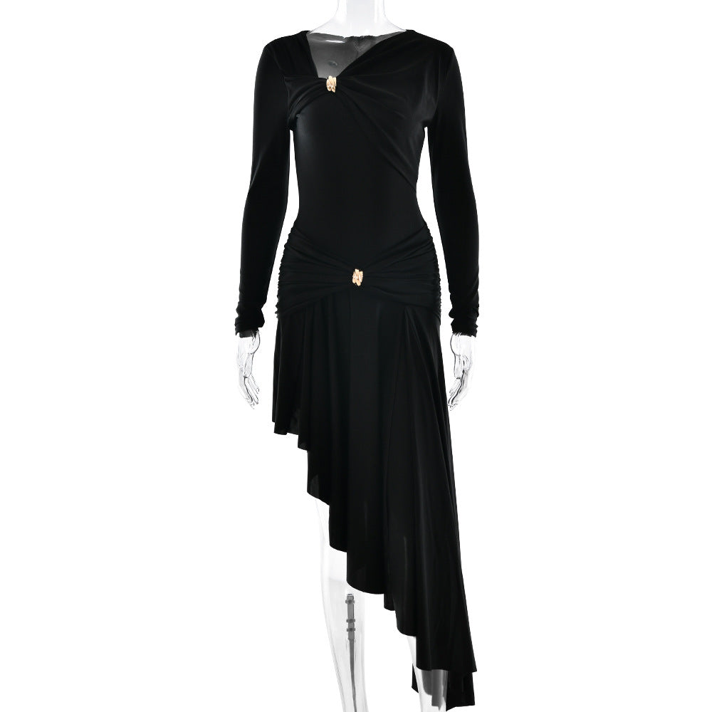 Autumn Winter Graceful Fashionable Women Slim Dress Sexy Pleated Irregular Asymmetric Maxi Dress Bella Mia