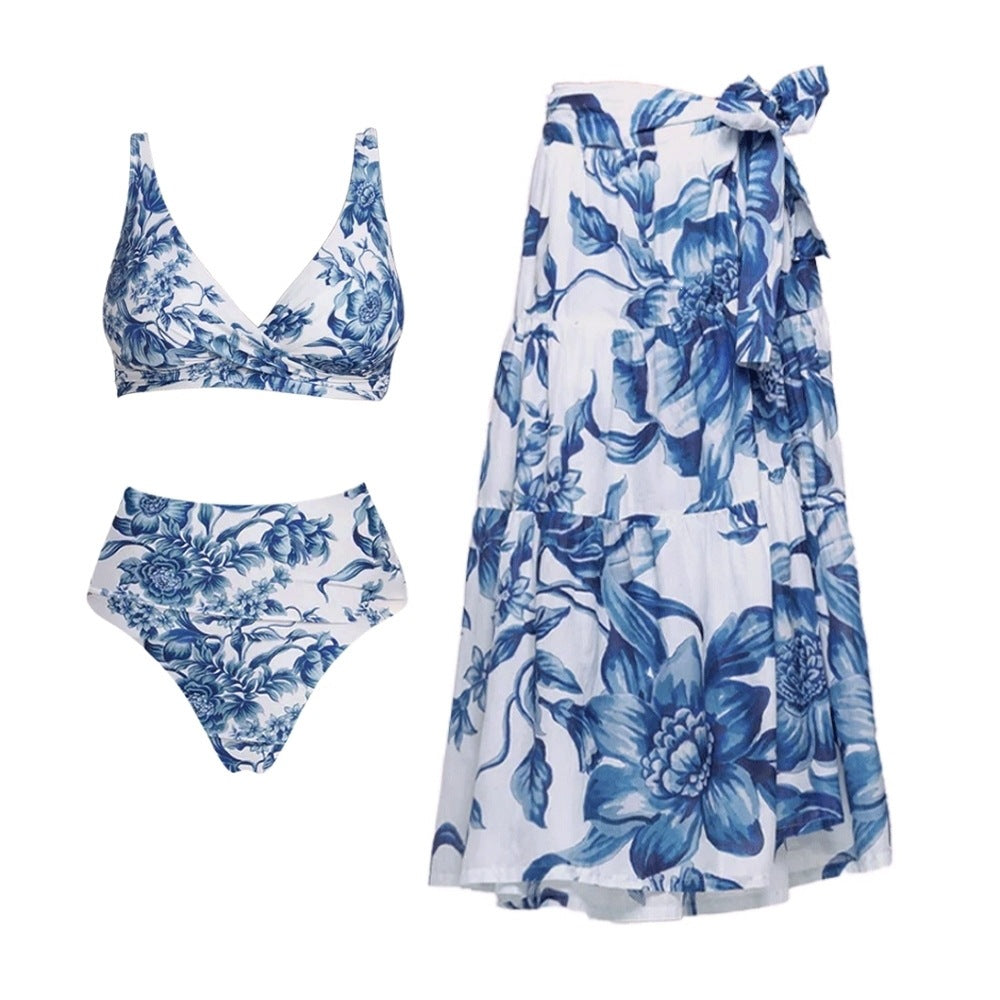 Bikini Blue Color Floral Vacation Split Swimsuit Women Bella Mia