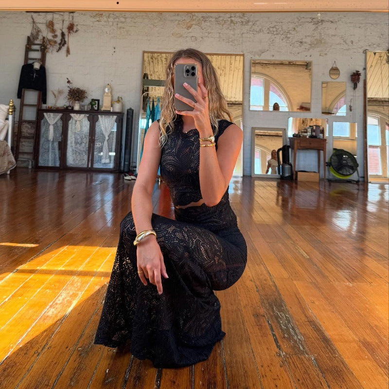 Women Clothing Summer Sexy Lace Hollow Out Cutout Top See through Hip Skirt Set Women Bella Mia