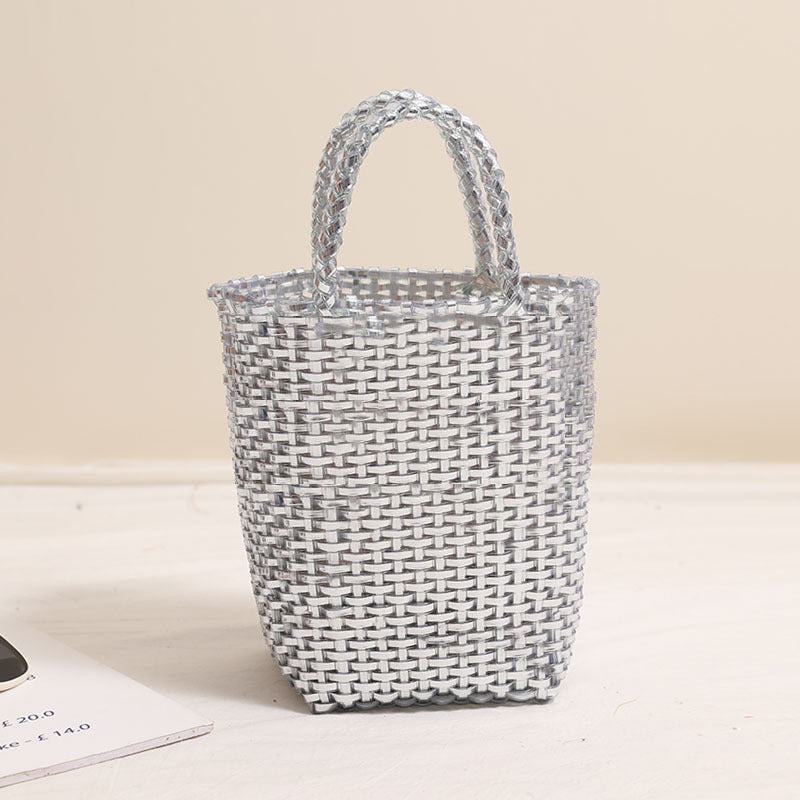 Gold Silver Color Portable Vegetable Basket Bag Solid Color Large Capacity Hand Carrying Woven Bag Seaside Vacation Beach Bag Bella Mia