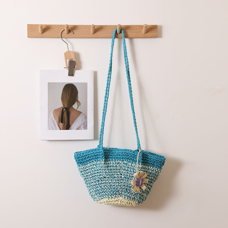 Fresh Floral Straw Bag Niche Gradient Color Straw Bag Woven Bag Vacation Beach Bag Shoulder Bag