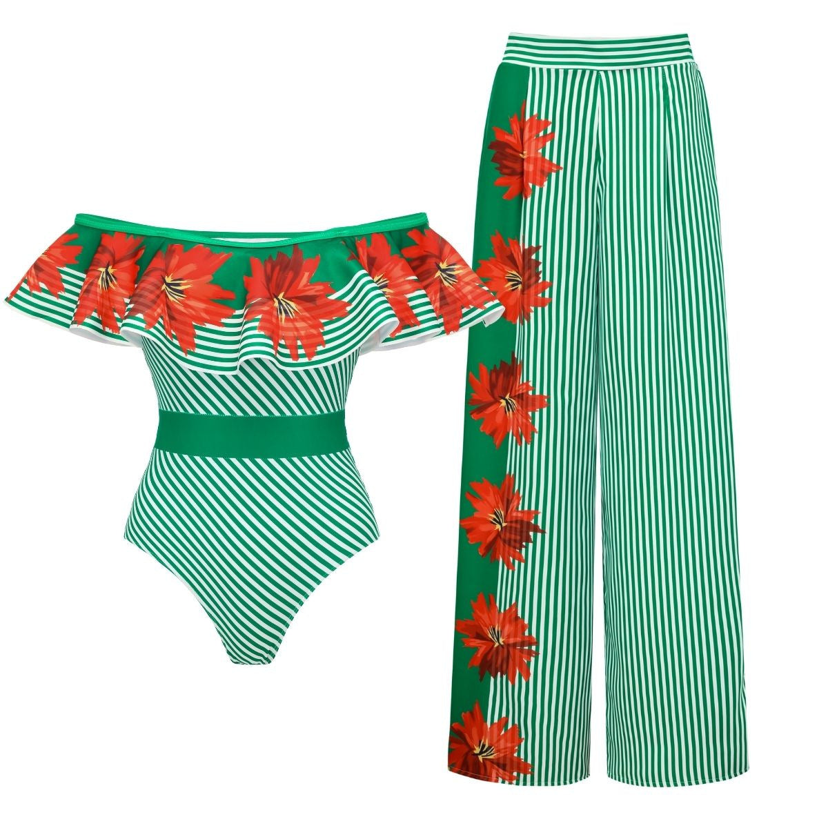 Swimsuit Green Striped Floral Stitching Swimsuit Women Tube Top Swimsuit Bella Mia