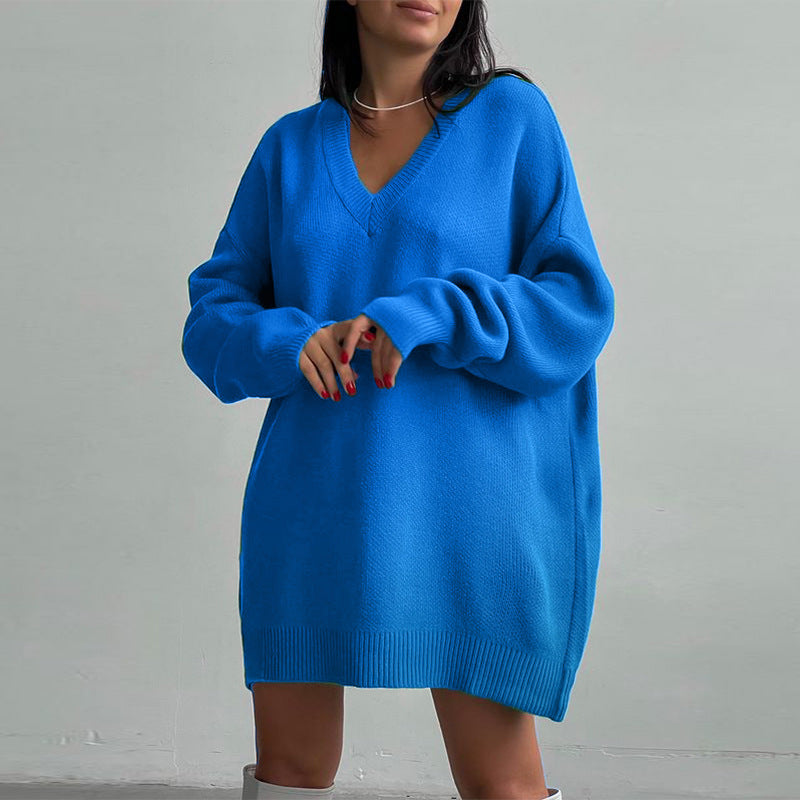 Autumn Winter Long Sleeve V Neck Casual Loose Knitted Pullover Long Sweater Dress Knitwear For Women Bella Mia