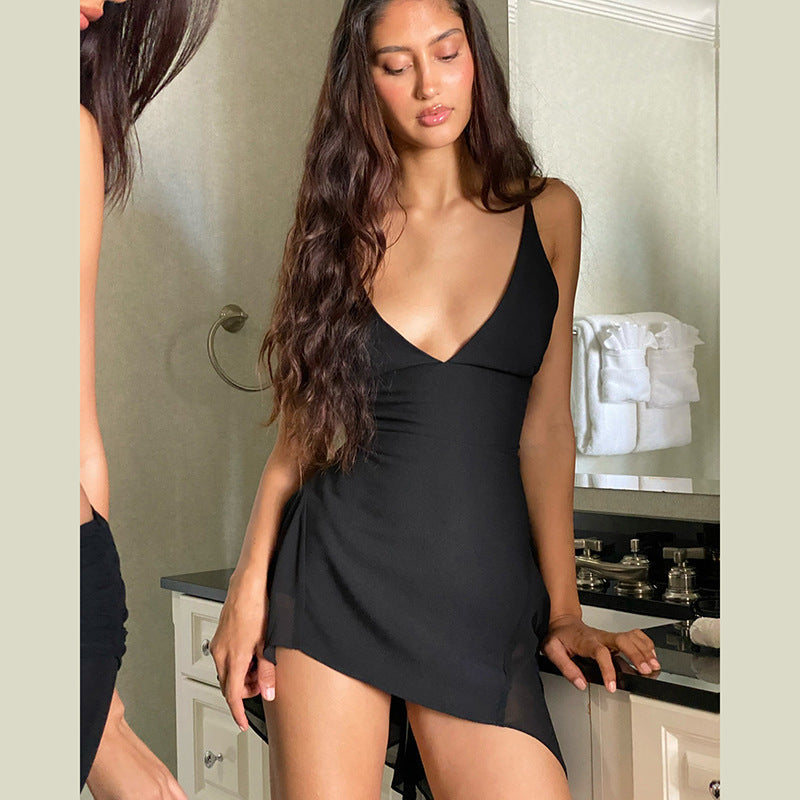 Spring Women Clothing Solid Color Sexy Backless Scarf Collar Slim Fit Slimming Spaghetti Straps Dress Women Bella Mia
