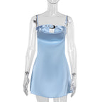 Summer Sexy Sexy Strap Adjustable Pocket Collar Satin Dress Women Bella Mia