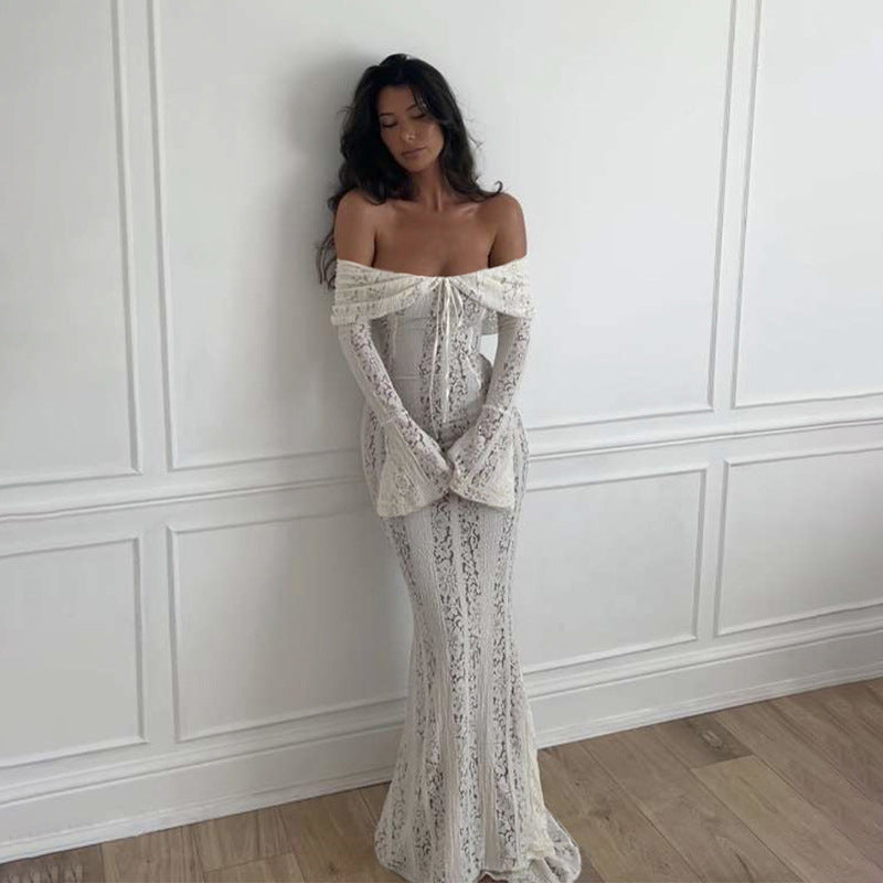 Autumn Winter Women Clothing off Neck Sexy Long Sleeve off Shoulder Lace Hollow Out Cutout out Slim Fit Fishtail Bella Mia