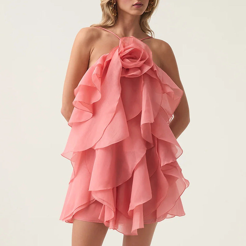Elegant Sexy High Grade Short Dress Early Spring Halter Three Dimensional Floral Design Lace up Sleeveless Dress Bella Mia