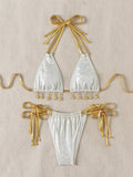 Split Bronzing Swimsuit Halter Strap Shell Jewelry Embellished Women Bikini Sexy Beachwear Bella Mia