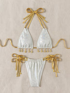 Split Bronzing Swimsuit Halter Strap Shell Jewelry Embellished Women Bikini Sexy Beachwear Bella Mia