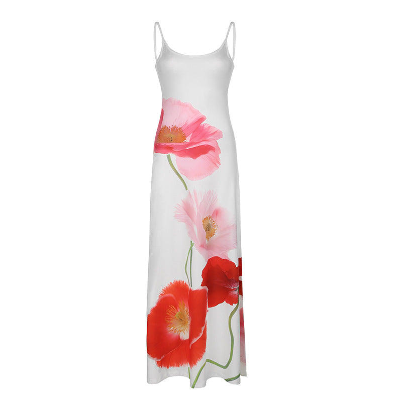 Summer Vacation Printed Maxi Dress Large Floral Contrast Color Strap Backless A line Dress Beach Dress Bella Mia