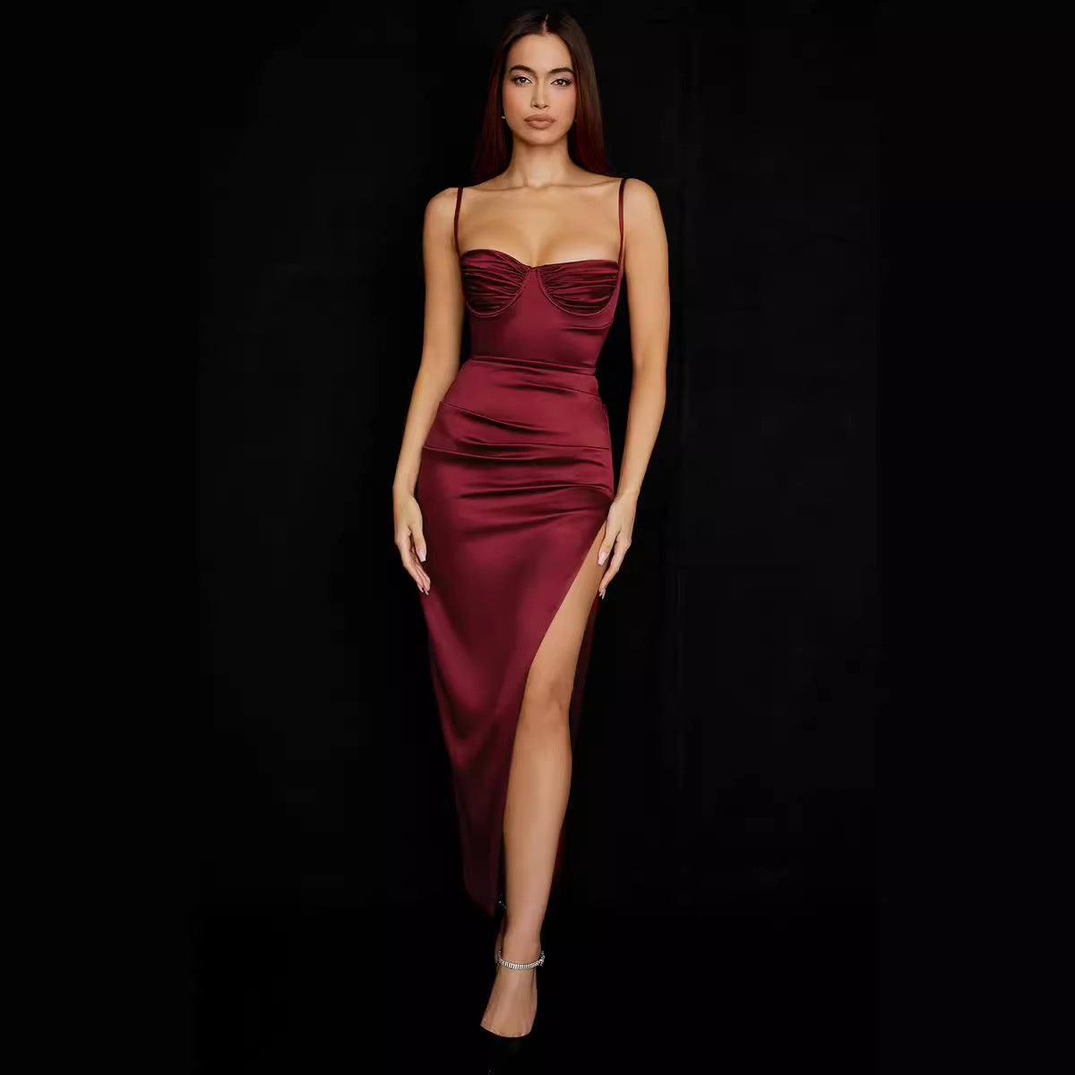 Satin Sling Dress Sexy Frill Split Thigh Tight Satin Dress Bella Mia