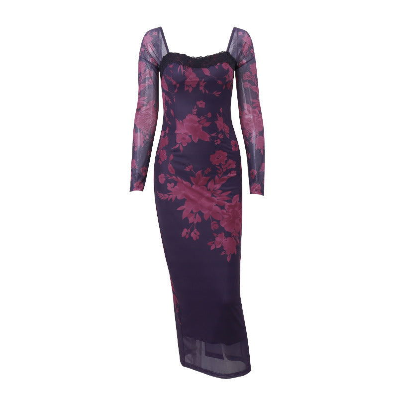 Women Clothing Autumn Sexy Vintage Printed Lace Tied Slim Fit Slit Long Sleeve Dress for Women Bella Mia