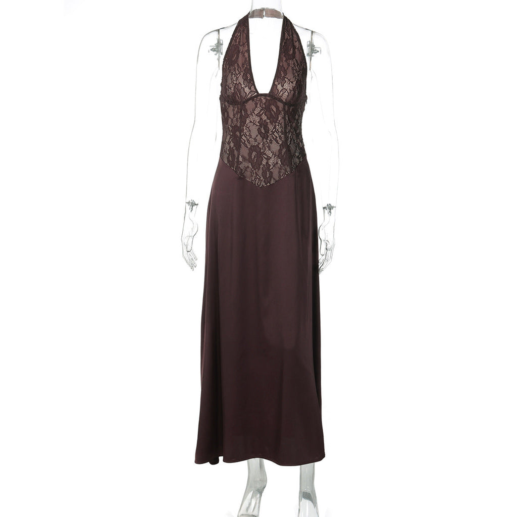 Women Clothing Winter Hollowed out Backless Lace Patchwork Waist Slimming Deep V Plunge Sexy Halter Dress Bella Mia