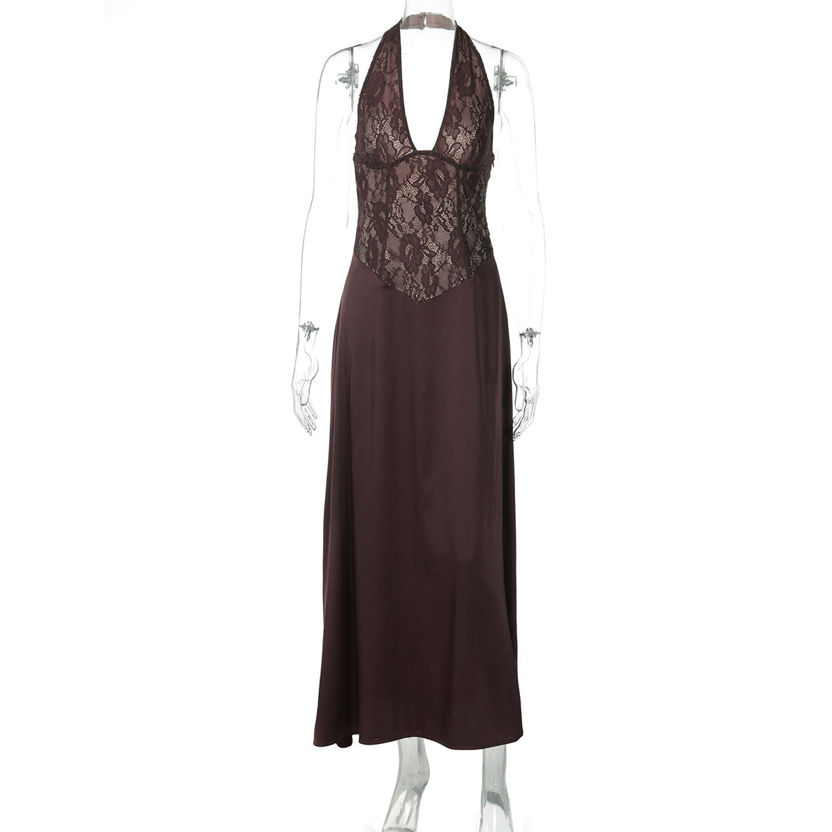 Women Clothing Winter Hollowed out Backless Lace Patchwork Waist Slimming Deep V Plunge Sexy Halter Dress Bella Mia