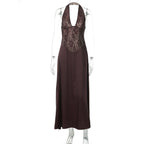 Women Clothing Winter Hollowed out Backless Lace Patchwork Waist Slimming Deep V Plunge Sexy Halter Dress Bella Mia