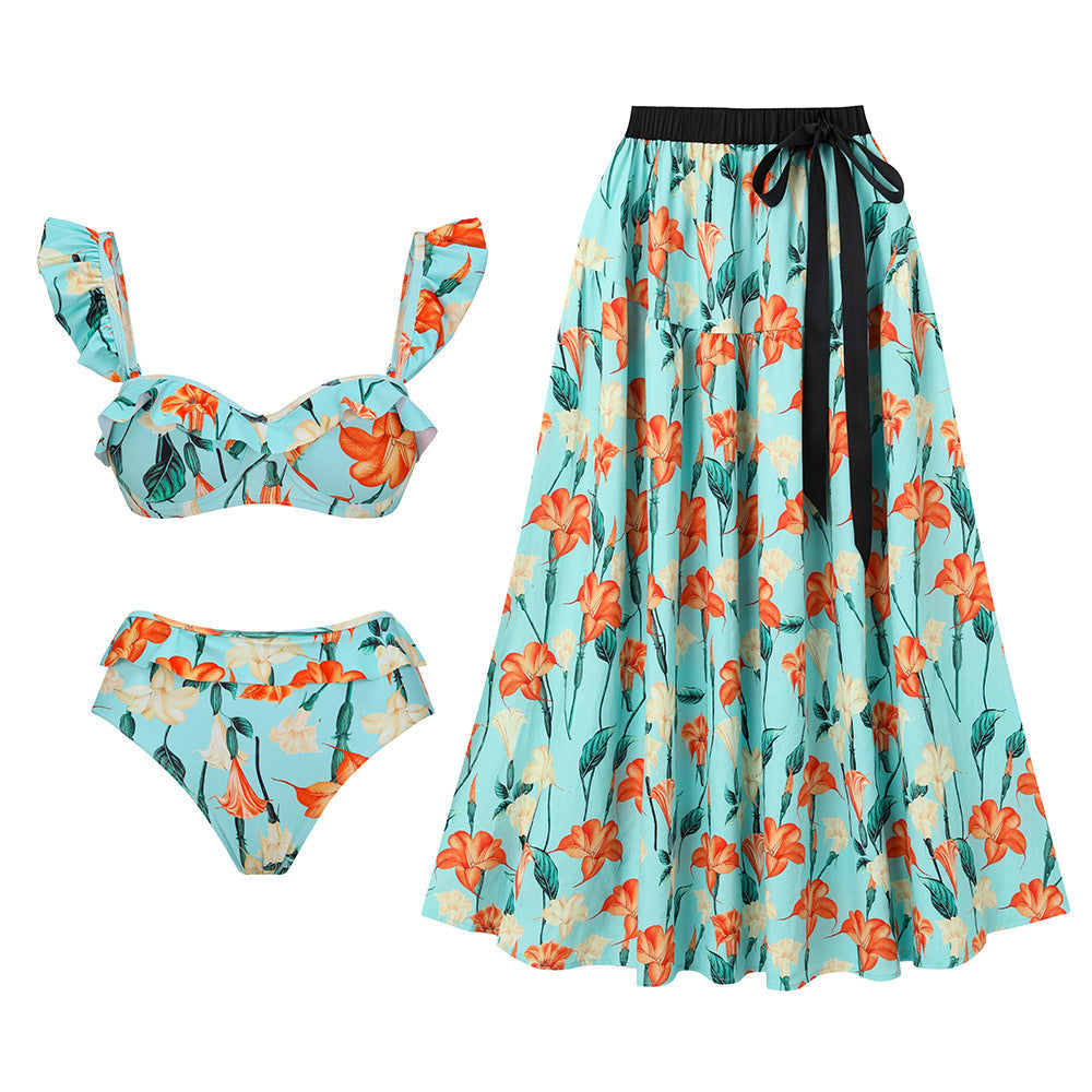 Split Bikini Lotus Sleeve High Waisted Trousers Sexy Slimming Swimsuit Women Bella Mia
