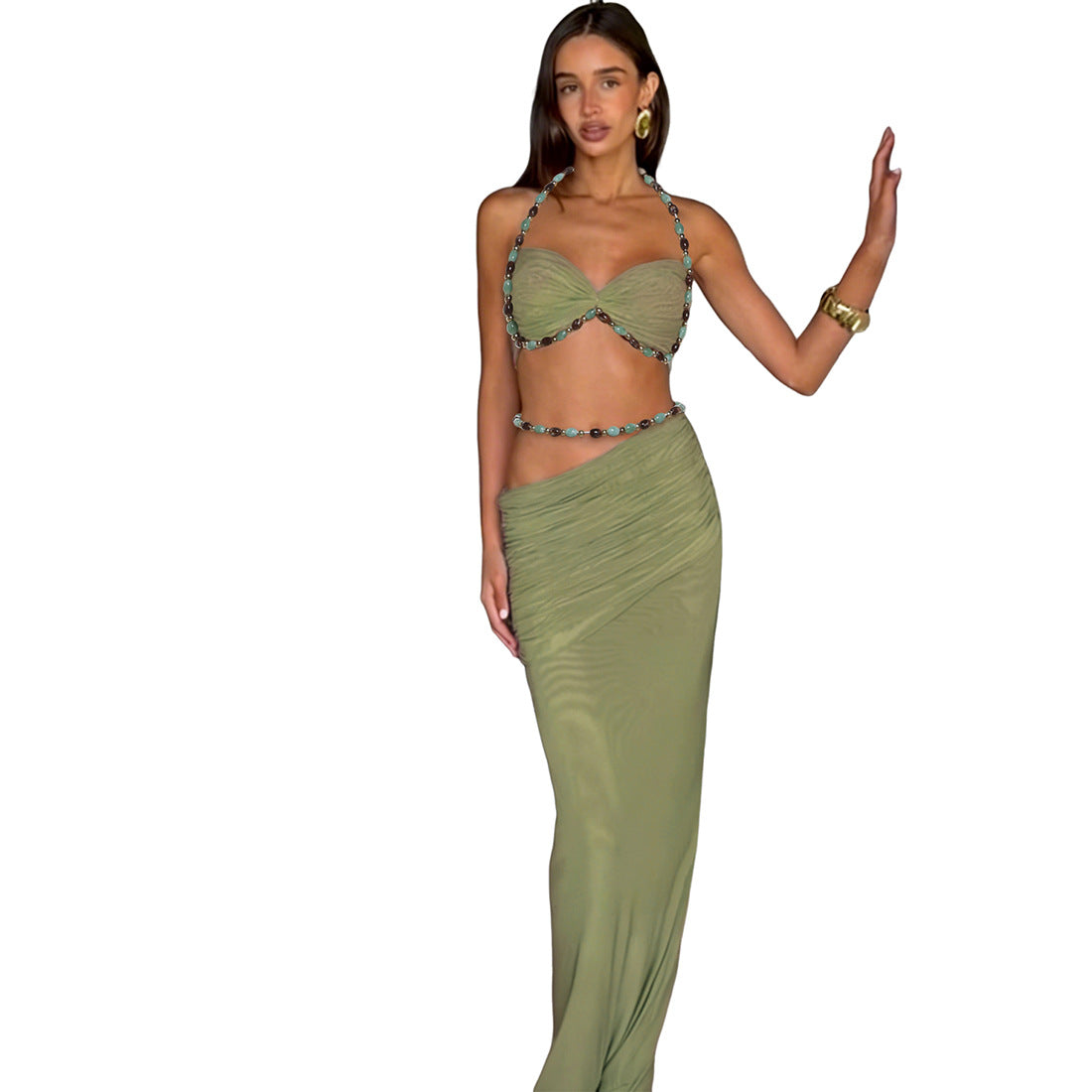 Spring Women Clothing Solid Color Sleeveless Halter Small Sling High Waist Sexy Hip Bag Slim Skirt Two Piece Sets Bella Mia