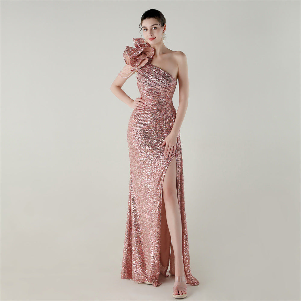 Craft Floral Beaded One Shoulder Diagonal Collar Fishtail Evening Dress Dinner Wedding Awards Ceremony Social Dress Bella Mia