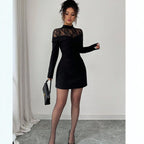 Lace Slim Fit Patchwork Long Sleeve Black Dress Women Sheath Dress Bella Mia