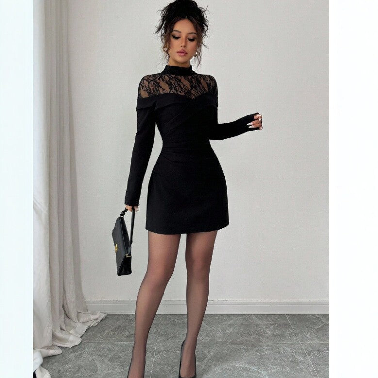 Lace Slim Fit Patchwork Long Sleeve Black Dress Women Sheath Dress Bella Mia