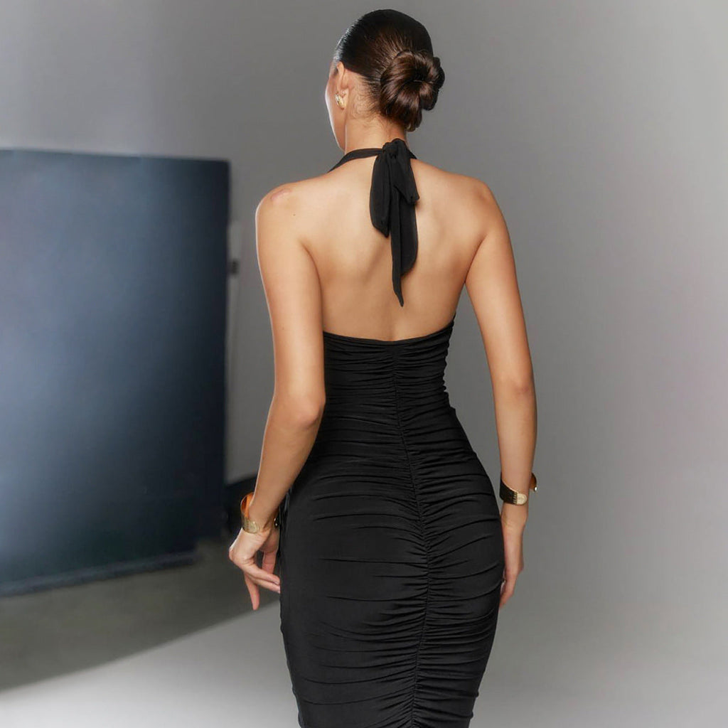 Women Clothing Winter Sexy V neck Backless Lace up Slim Fit Pleated Dress Bella Mia