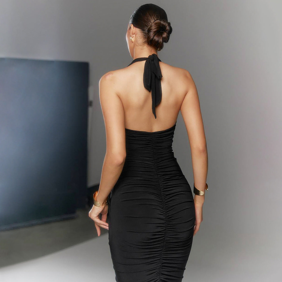 Women Clothing Winter Sexy V neck Backless Lace up Slim Fit Pleated Dress Bella Mia