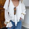 Autumn Texture V neck Flounce Flare Sleeve Blouse Women All Match White Chiffon Shirt Bella Mia