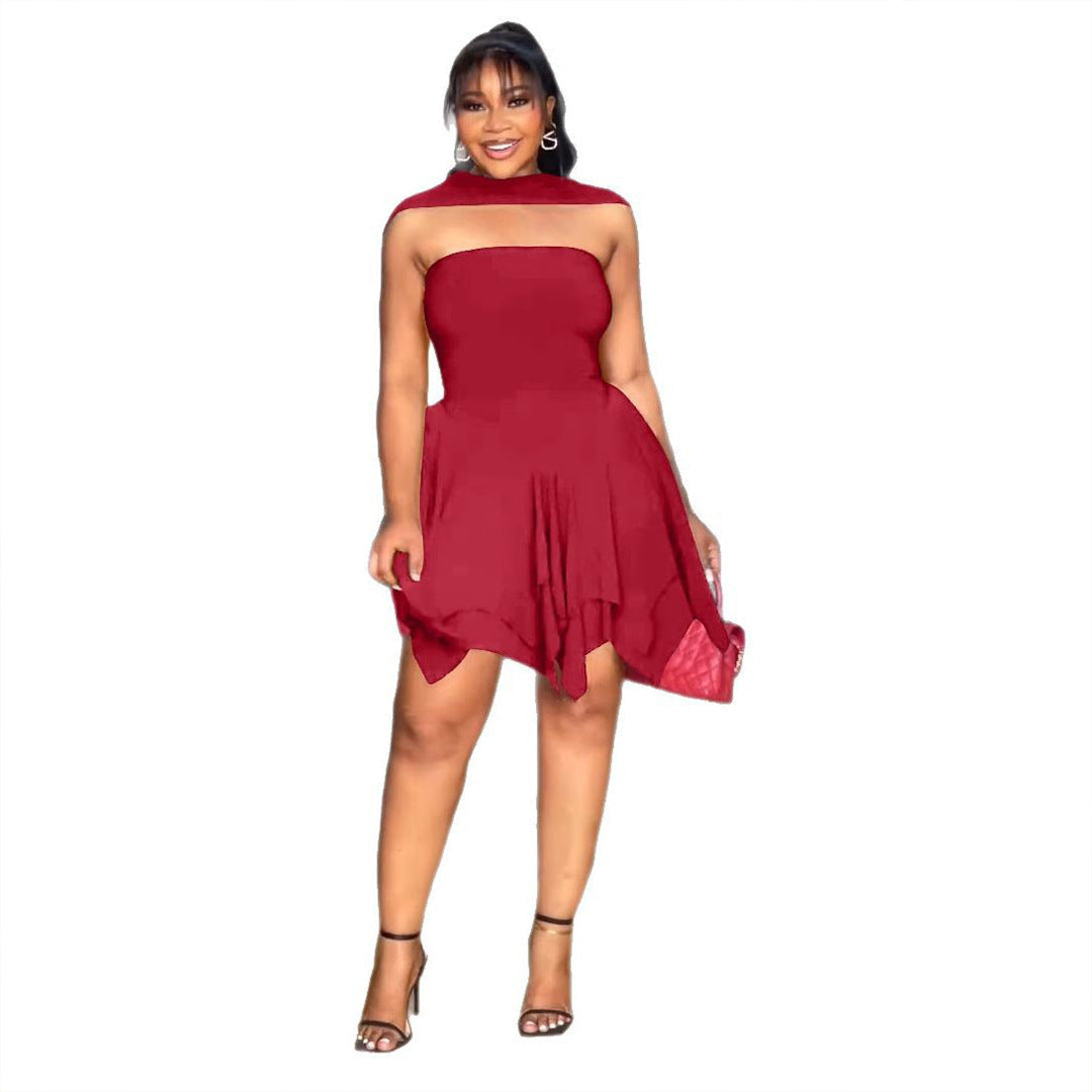 Women Elegant Irregular Asymmetric Double Layer Waist Tube Top Elastic Dress Bella Mia