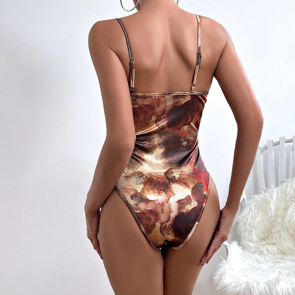Sexy Street Satin Printed Sling Sexy Backless Breasted Steel Ring Jumpsuit Bella Mia