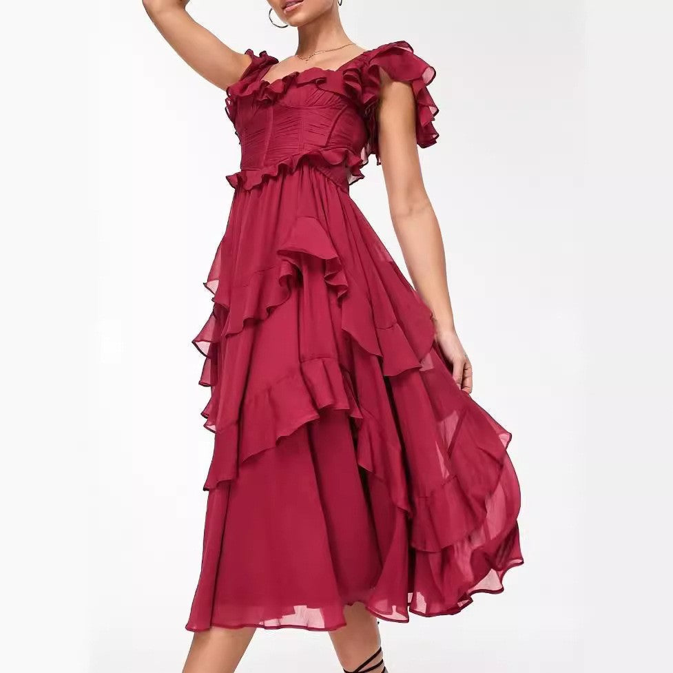 Dress Holiday Dress Lace Backless Hollow Out Cutout out Tiered Dress Ruffled Pleated Dress Bella Mia