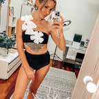 Solid Color One Shoulder Three Dimensional Floral Design Split Women Bikini Swimsuit Bella Mia