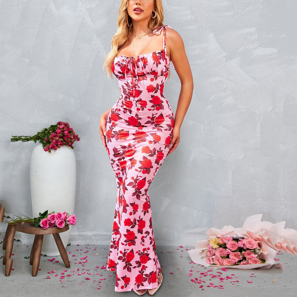 Milk Silk Dress Sexy Printed Lace up Backless Skinny Sheath Suspender Fishtail Drress Bella Mia