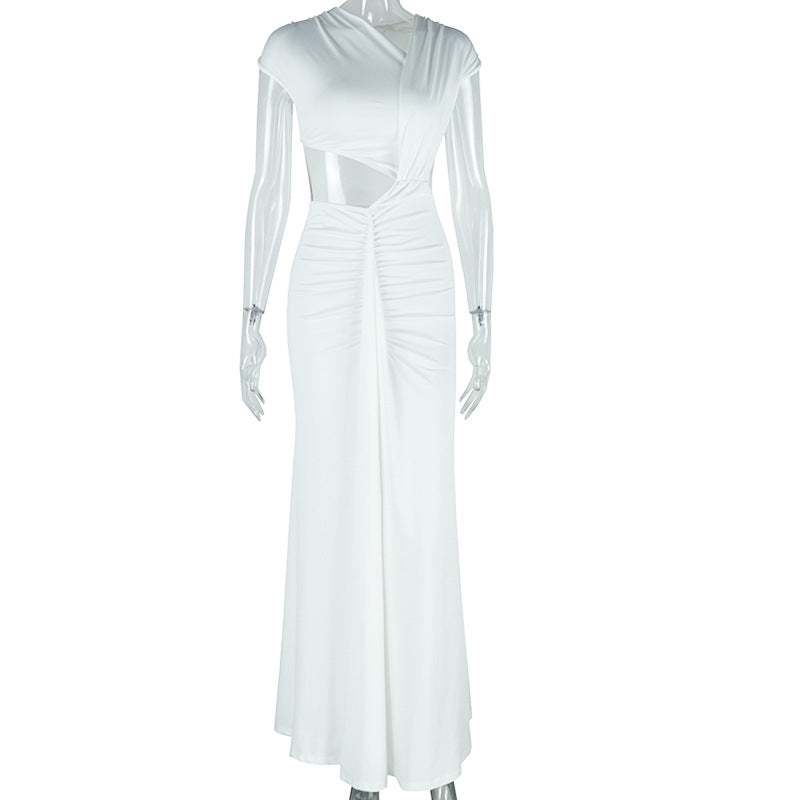 Women Clothing Solid Color Dress Diagonal Collar Sleeveless Ribbon Fishtail Dress Bella Mia