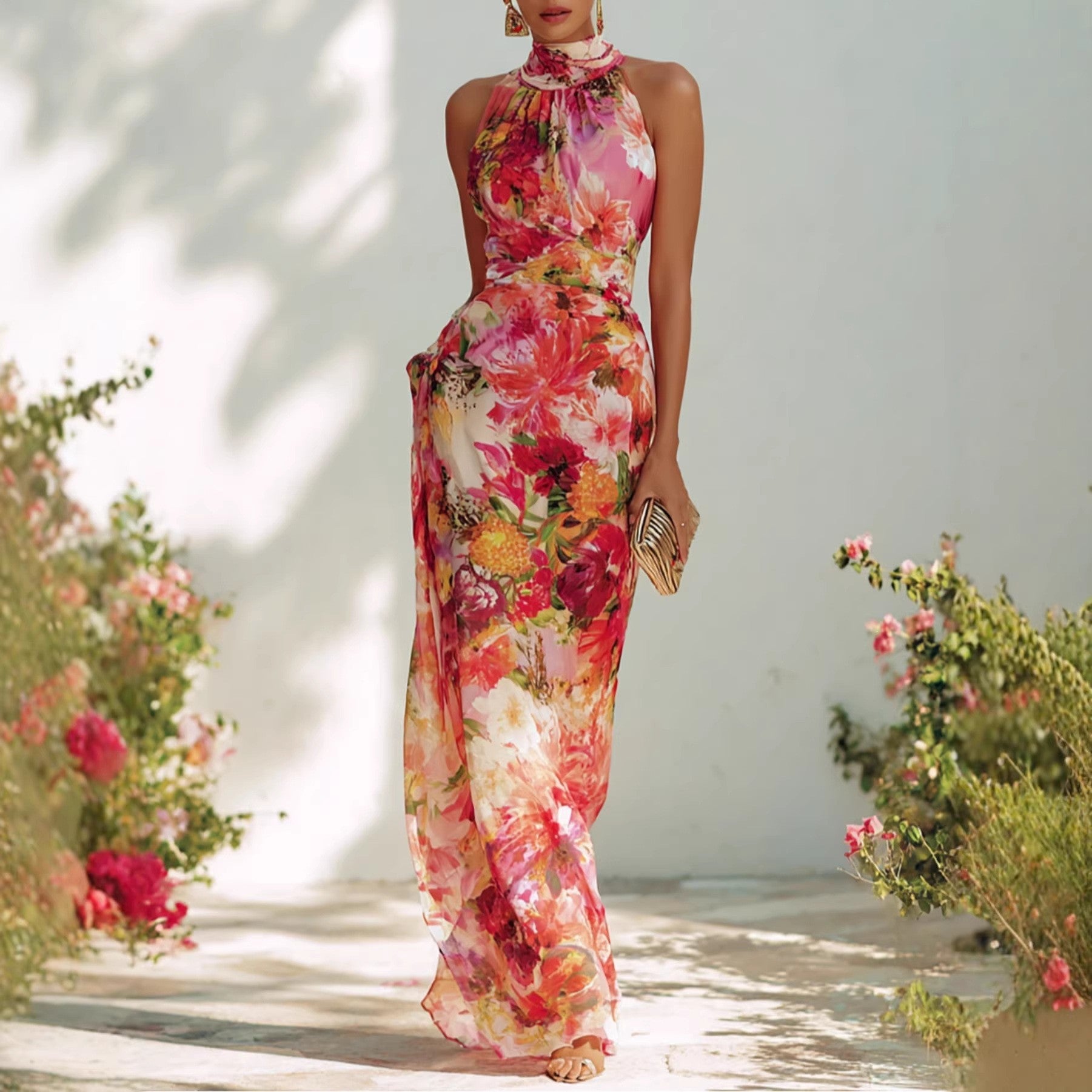 Romantic Halter Floral Print Dress Sleeveless off the Shoulder Waist Fitted Figure Flattering Chiffon Holiday Dress