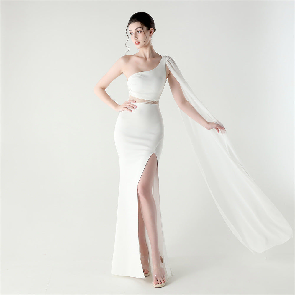 Single Shoulder Crossbody Stitching Mesh Design Satin Slim Cocktail Dress Evening Dress Bella Mia