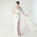 Single Shoulder Crossbody Stitching Mesh Design Satin Slim Cocktail Dress Evening Dress Bella Mia