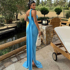 Women Clothing Solid Color Halter Dress Sexy Backless Ribbon Split Maxi Dress Bella Mia