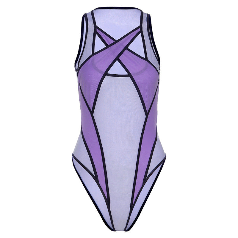 Summer Women Clothing Color Contrast Patchwork T-shirt Sexy Mesh See-through Slim Fit Bodysuit for Women Bella Mia