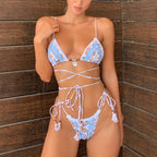 Swimsuit Women Sexy Ribbon Stitching Lace Strap Printing Bikini